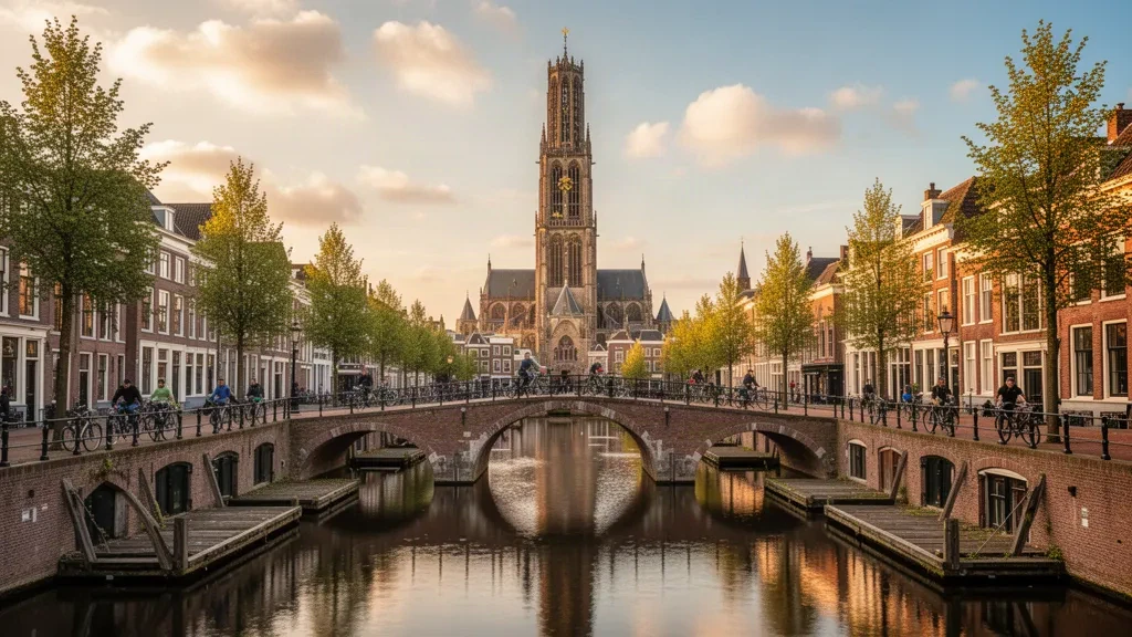 La tour du Dôme d'Utrecht s'élevant au-dessus du canal Oudegracht, avec ses quais historiques et leurs reflets dans une lumière dorée du soir.