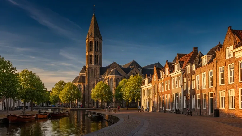 Zeeland'deki Middelburg üzerinde altın saat manzarası, Lange Jan manastır kulesi tarihi Hollanda evlerinin ve sakin bir kanalın üzerinde yükseliyor