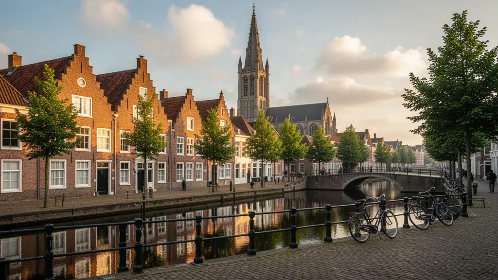 Hollanda'nın Zeeland kentindeki tarihi Middelburg silüeti; Lange Jan manastır kulesi tuğla çatılı evlerin ve sakin bir kanal rıhtımının üzerinde