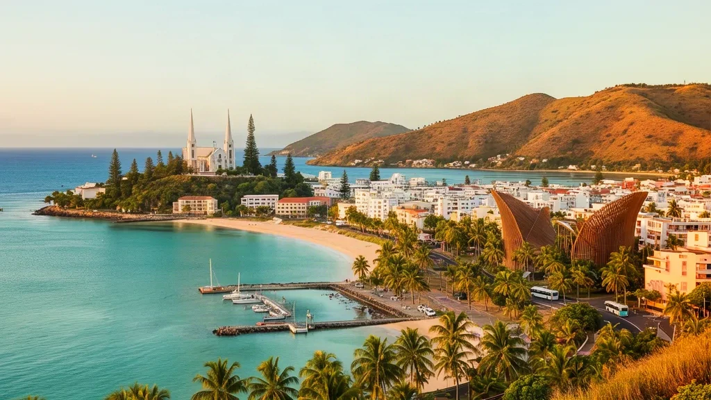 Skyline di Nouméa, laguna orlata di palme e colline della Provincia Sud, Nuova Caledonia, all'ora dorata