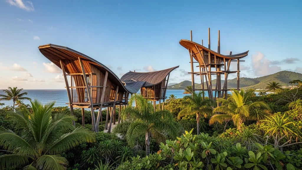 Il Centro Culturale Jean-Marie Tjibaou a Nouméa, Nuova Caledonia, con padiglioni in legno curvi immersi nel verde tropicale sotto un cielo azzurro.
