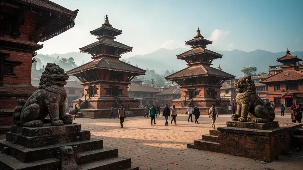 Vista durante la hora dorada de los templos newar escalonados de la plaza Durbar de Katmandú, en la provincia de Bagmati, Nepal, con luz cálida sobre la plaza de ladrillo