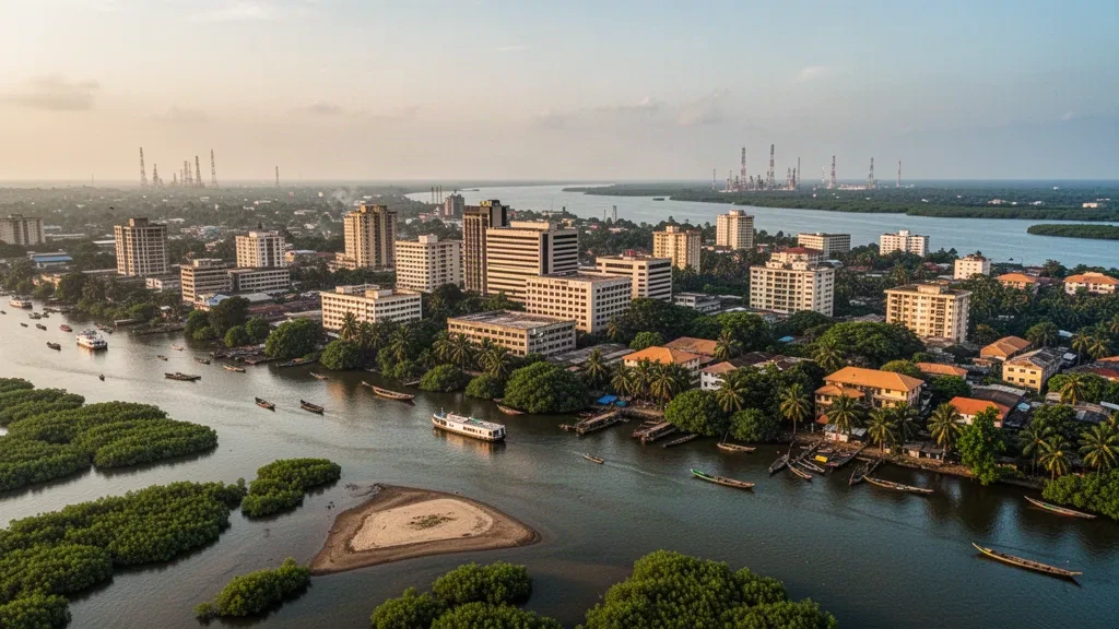 Vue aérienne de la skyline du front de mer de Port Harcourt dans le delta du Niger, avec des bateaux sur la rivière Bonny et une végétation tropicale dense.