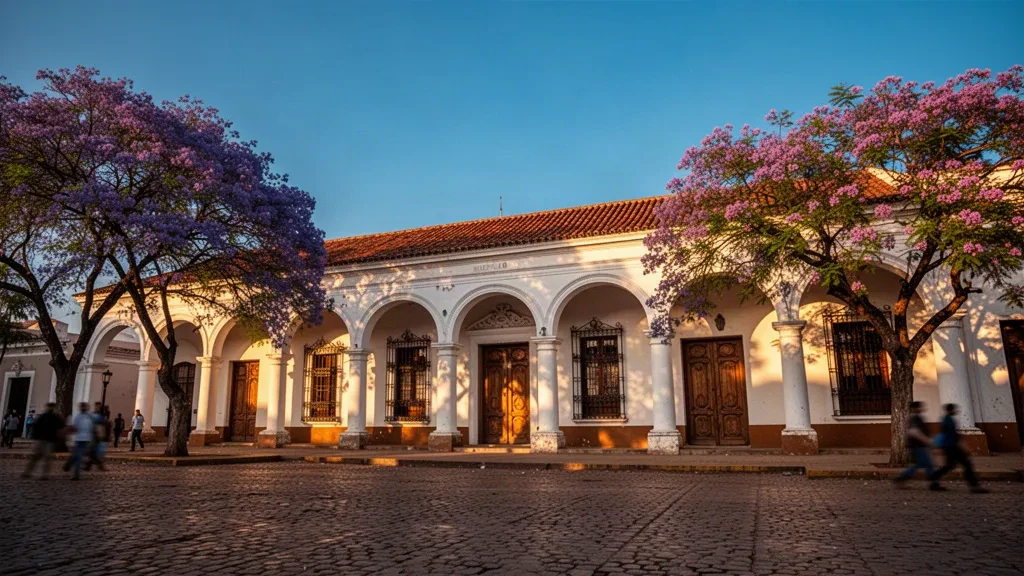 Vue à l'heure dorée de l'arcade coloniale et de la place de la Casa de Tucumán à San Miguel de Tucumán, en Argentine