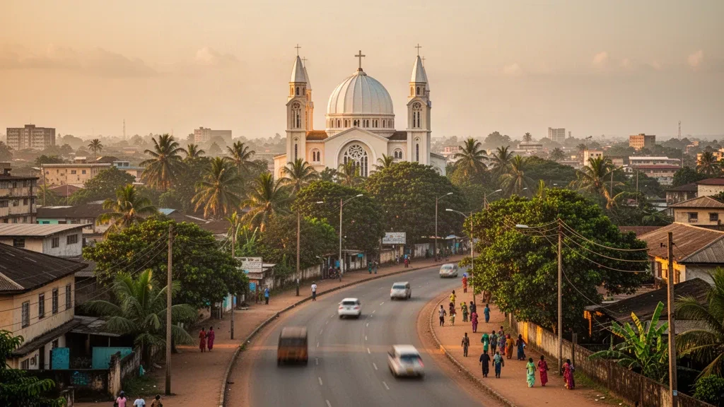 Panorama urbano di Owerri, Stato di Imo, Nigeria, durante l'ora d'oro, con la cupola della Cattedrale di Assumpta e alberi verdi lungo strade trafficate.