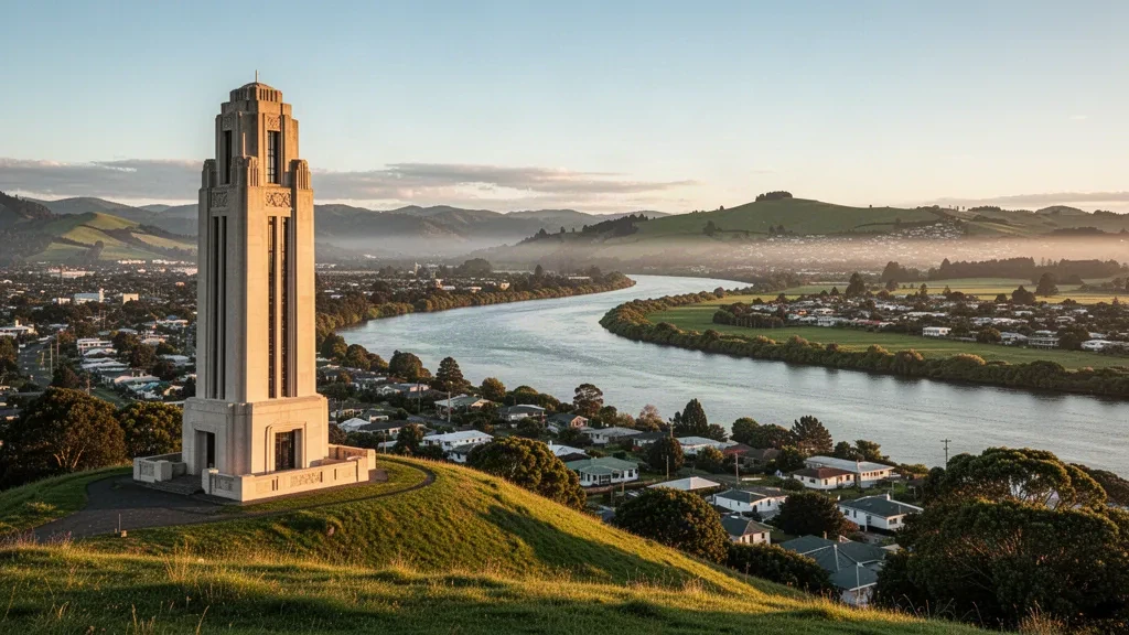 Der Durie Hill Memorial Tower mit Blick über den Whanganui River und die Stadt an einem klaren Tag in Whanganui, Manawatū-Whanganui, Neuseeland.