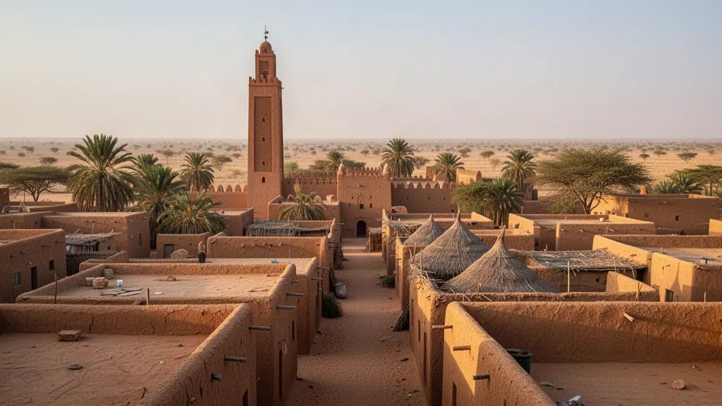 Quartier historique de Birni à Zinder, Niger, avec son architecture haoussa en terre et le minaret de la Grande Mosquée dans la lumière chaude du Sahel
