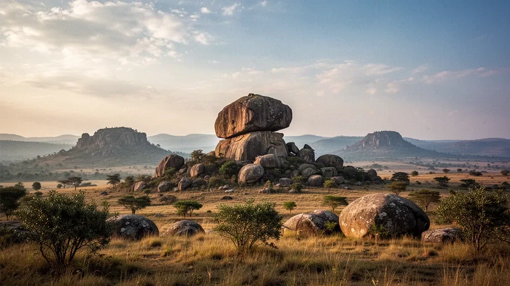 Riyom rock formation and rolling granite hills across the Jos Plateau grasslands in Plateau State, Nigeria