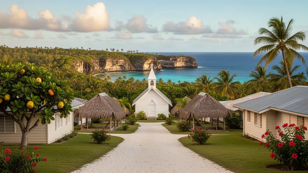 Tropical village of Vaiea on Niue with a white church, palms, coral limestone cliffs and turquoise Pacific lagoon
