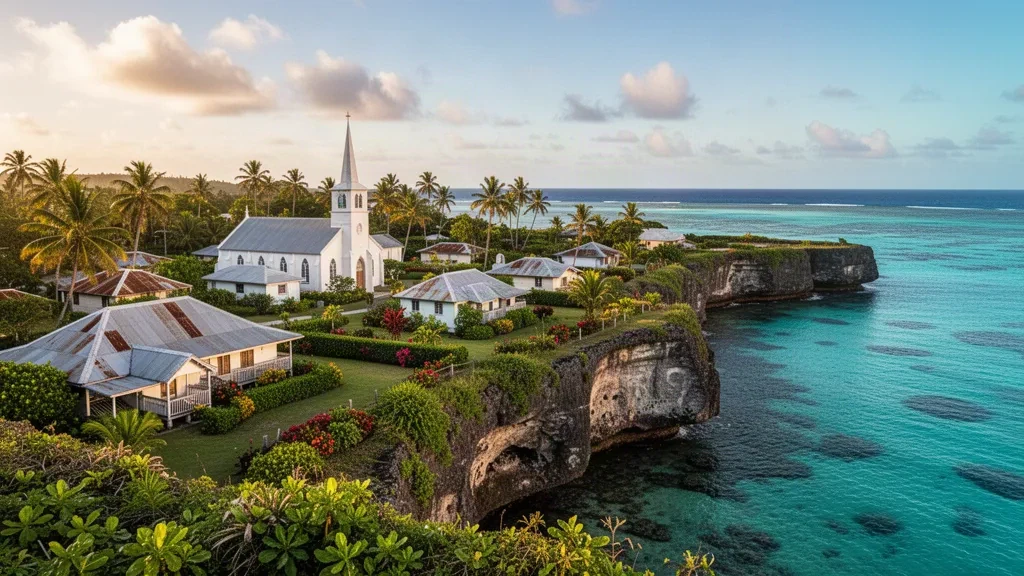 Vista panorámica del pueblo de Tuapa en la costa oeste de Niue, con una iglesia blanca, palmeras tropicales y aguas turquesa de la laguna.