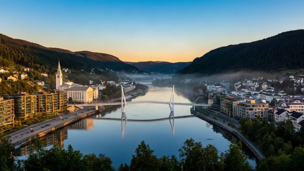 Norveç'in Buskerud bölgesindeki Drammen'in altın saat panoraması; Drammenselva nehri üzerindeki Ypsilon köprüsü ve ormanlık tepeler