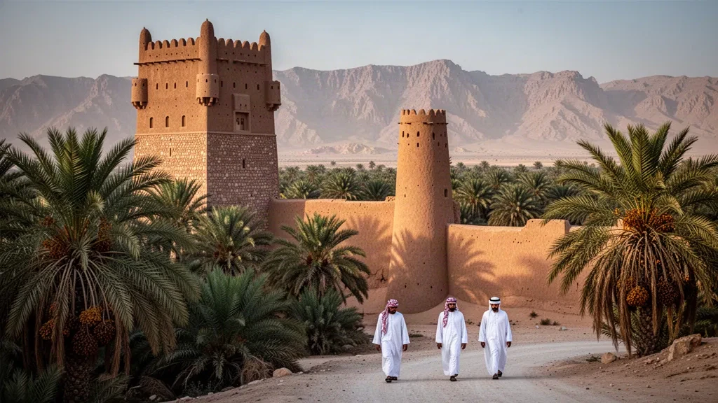 Die Festung Ibri über Dattelpalmenhainen in Ad Dhahirah, Oman, mit dem Hajar-Gebirge in warmem Licht des späten Nachmittags