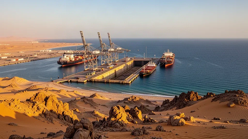 Cargo ships and cranes at Duqm Port in Al Wusta, Oman, with desert coastline and blue sea under golden sunset light.