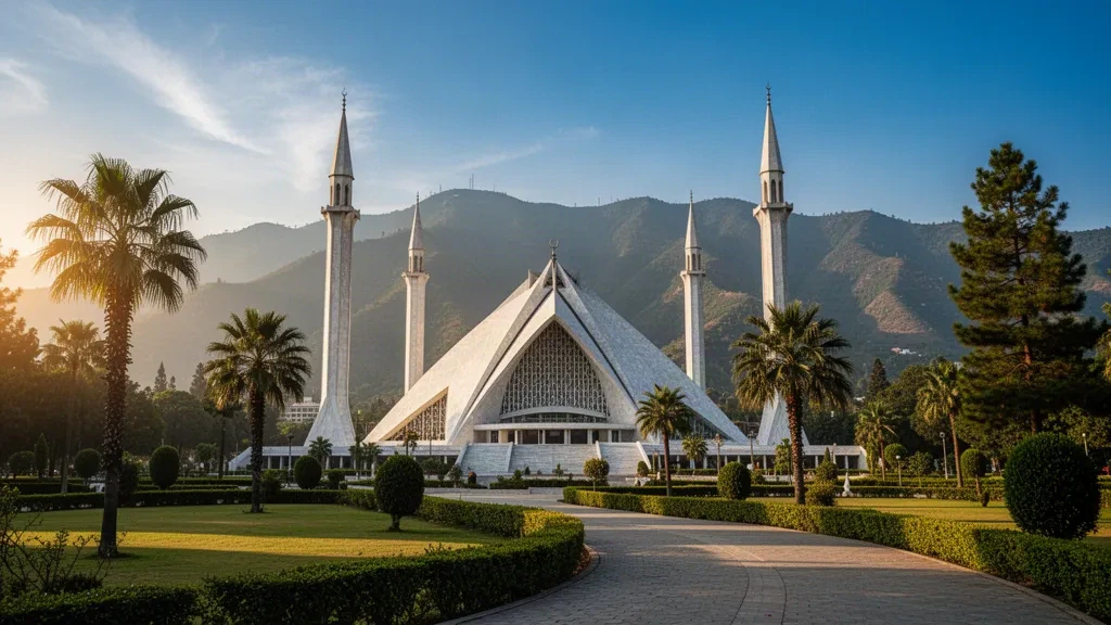 Moschea Faisal a Islamabad con le verdi Colline Margalla dietro di essa sotto la luce dorata del tardo pomeriggio