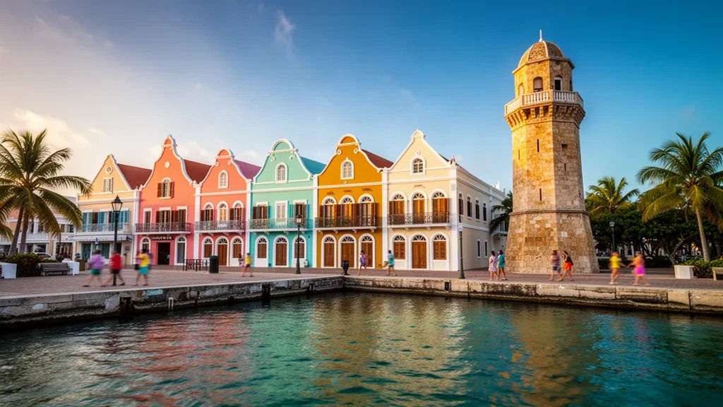 Pastellfarbene niederländische Kolonialbauten an der Uferpromenade und der Turm von Fort Zoutman in Oranjestad, Aruba zur goldenen Stunde