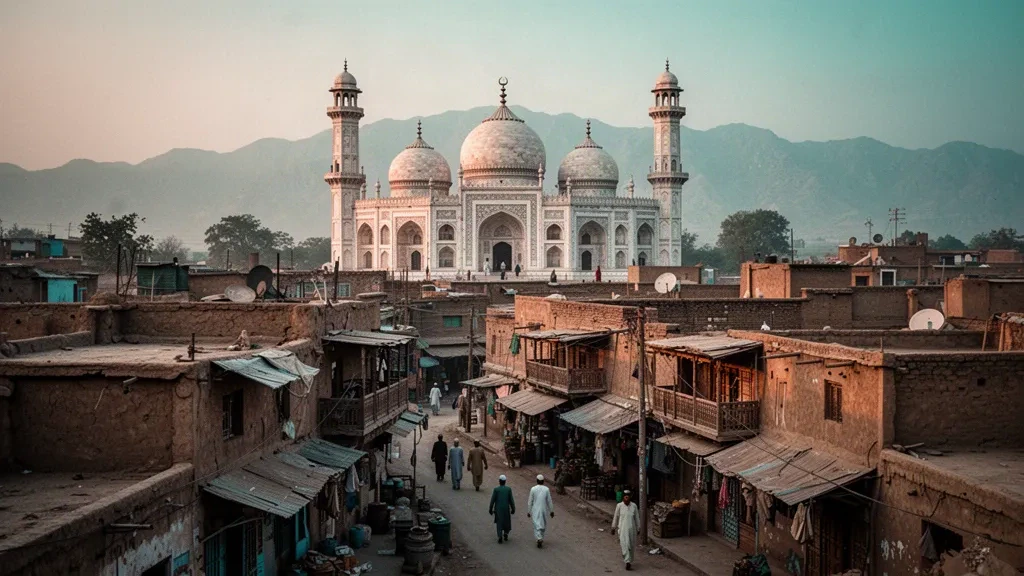 Vue à l'heure dorée de la mosquée Mahabat Khan s'élevant au-dessus des toits de la vieille ville de Peshawar, dans le Khyber Pakhtunkhwa, au Pakistan