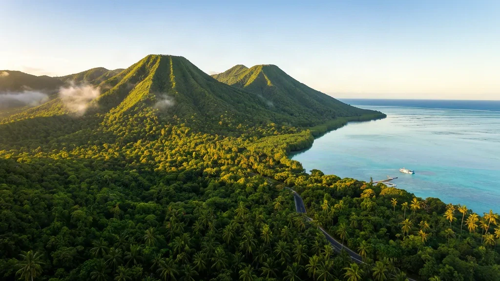 Crêtes de forêt tropicale luxuriante et lagon turquoise bordé de mangroves de Ngeremlengui, Palau, dans une lumière tropicale chaude de fin d'après-midi