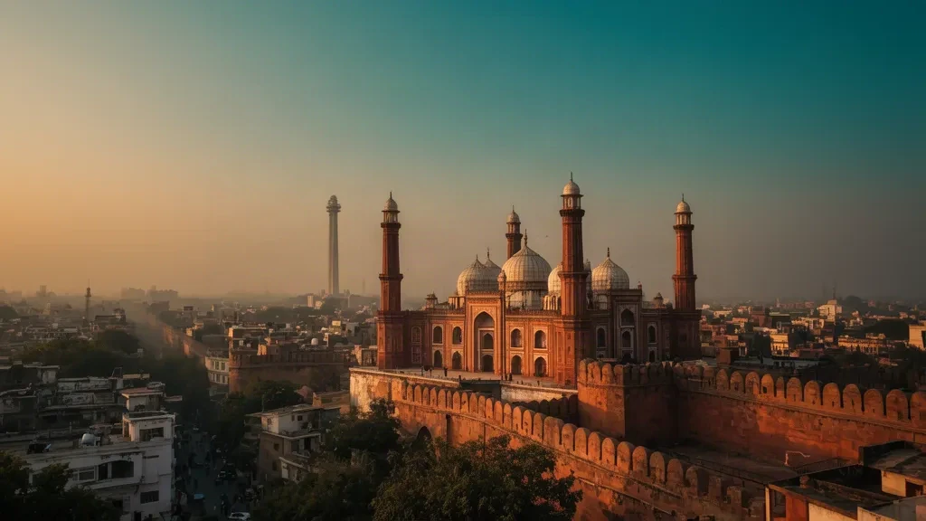 Moschea Badshahi e skyline del Forte di Lahore all'ora d'oro a Lahore, Punjab, Pakistan, con luce calda sulla storica città vecchia