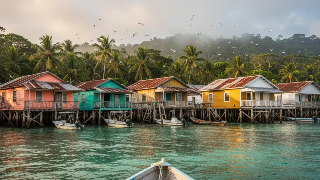 Case colorate su palafitte sopra l'acqua turchese dei Caraibi lungo il lungomare di Bocas Town a Bocas del Toro, Panama