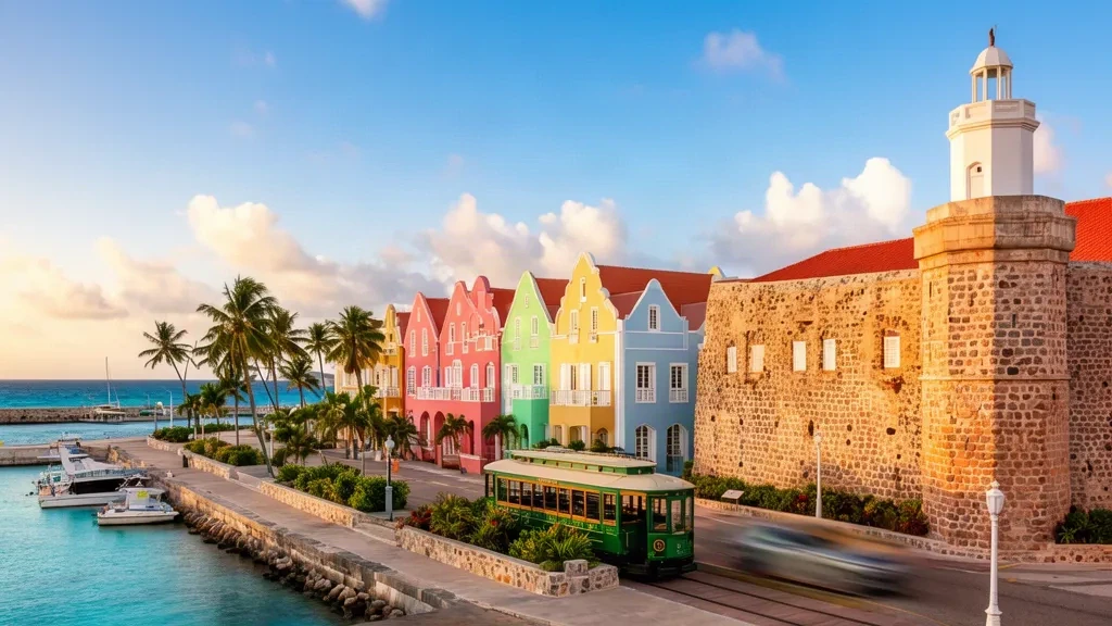 Front de mer aux façades coloniales néerlandaises pastel et tour historique du fort Zoutman à l'heure dorée à Oranjestad, Aruba