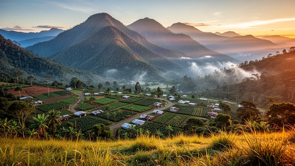 Morning light over the Asaro Valley and Goroka town in Papua New Guinea's Eastern Highlands, with Mount Michael rising in the distance