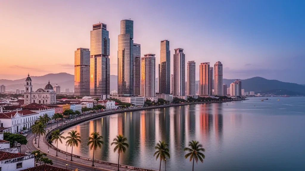 Panama City skyline at golden hour seen from the Cinta Costera waterfront, with modern towers above the Pacific and Casco Antiguo.
