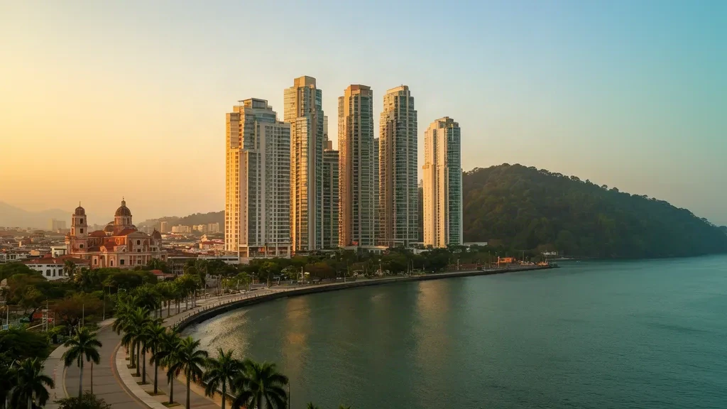 Skyline von Panama-Stadt zur goldenen Stunde vom Cinta Costera aus gesehen, mit modernen Türmen, Dächern des Casco Antiguo und dem Wasser der Pazifikbucht