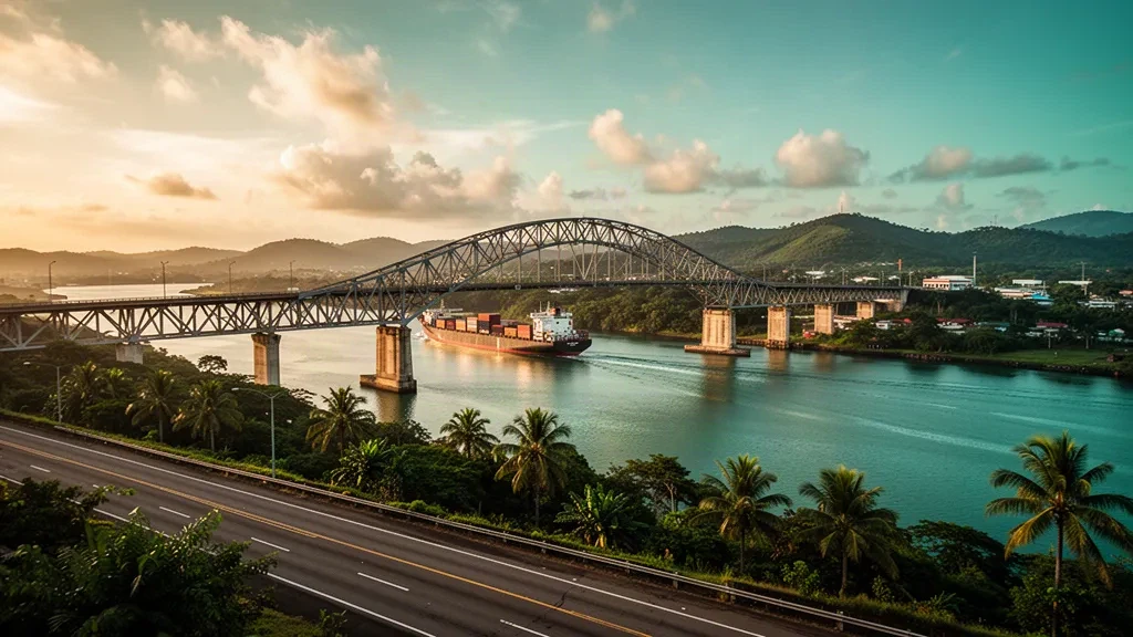 Vista amplia del Puente de las Américas que atraviesa el Canal de Panamá, con las colinas de Panamá Oeste y vegetación tropical bajo una luz dorada.
