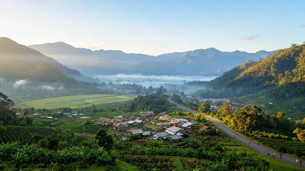 Veduta durante l'ora d'oro su Goroka e le verdi valli degli altopiani della Provincia degli Altipiani Orientali, Papua Nuova Guinea