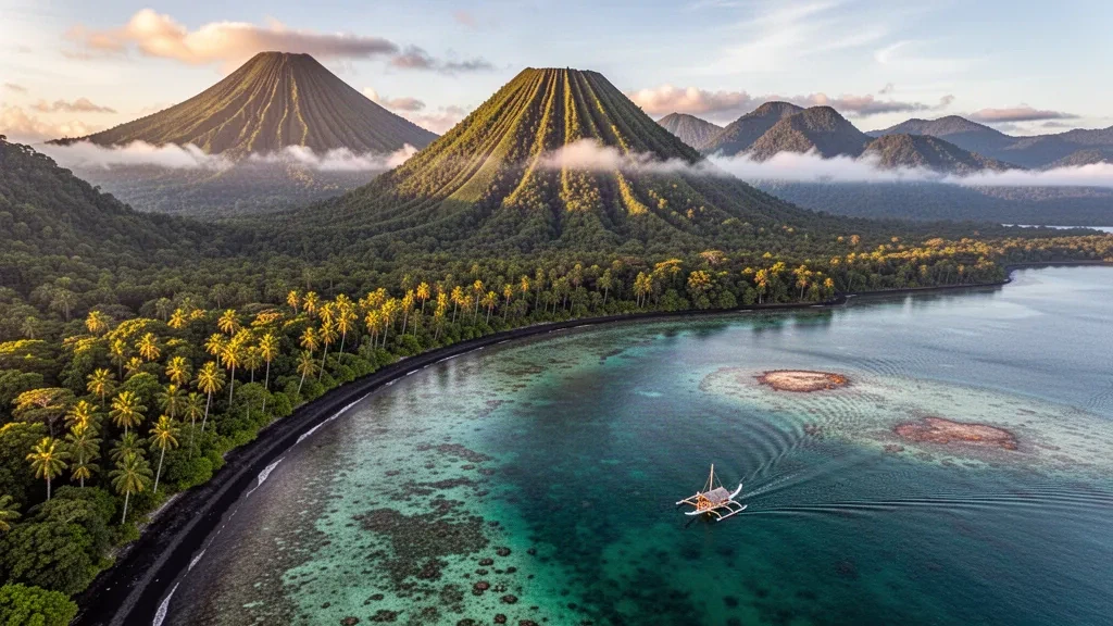 Costa della baia di Kimbe con picchi vulcanici e fitta foresta pluviale nella Nuova Britannia Occidentale, Papua Nuova Guinea