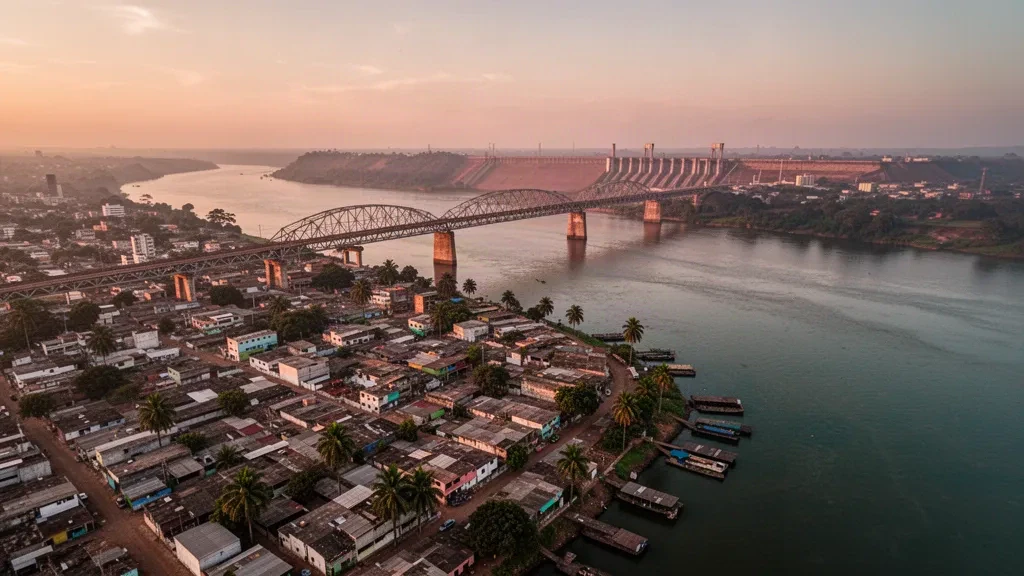 Toits de Ciudad del Este au coucher du soleil avec le pont de l'Amitié enjambant le fleuve Paraná à Alto Paraná, au Paraguay