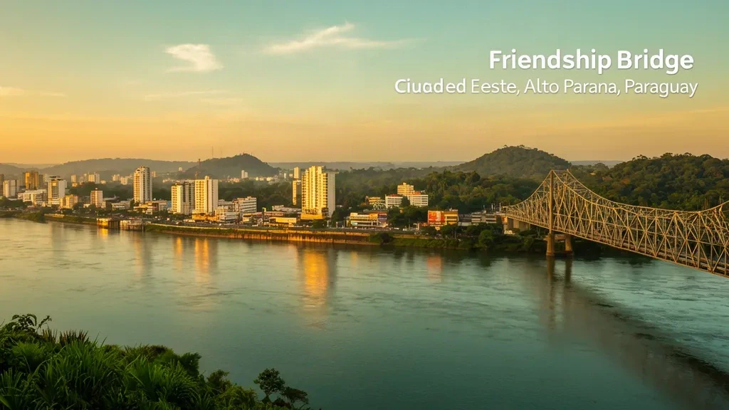 Veduta all'ora d'oro dello skyline di Ciudad del Este e del Ponte dell'Amicizia sul fiume Paraná ad Alto Paraná, Paraguay