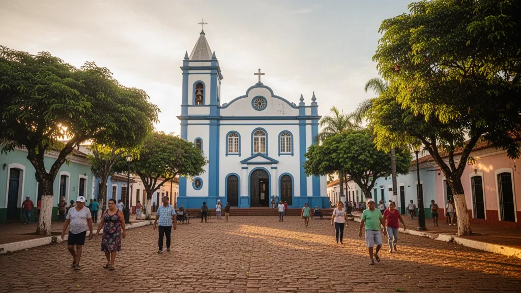 La facciata bianca e blu della Chiesa di San Roque ad Areguá, Paraguay, catturata durante l'ora d'oro con strade acciottolate e abitanti che passano a piedi.