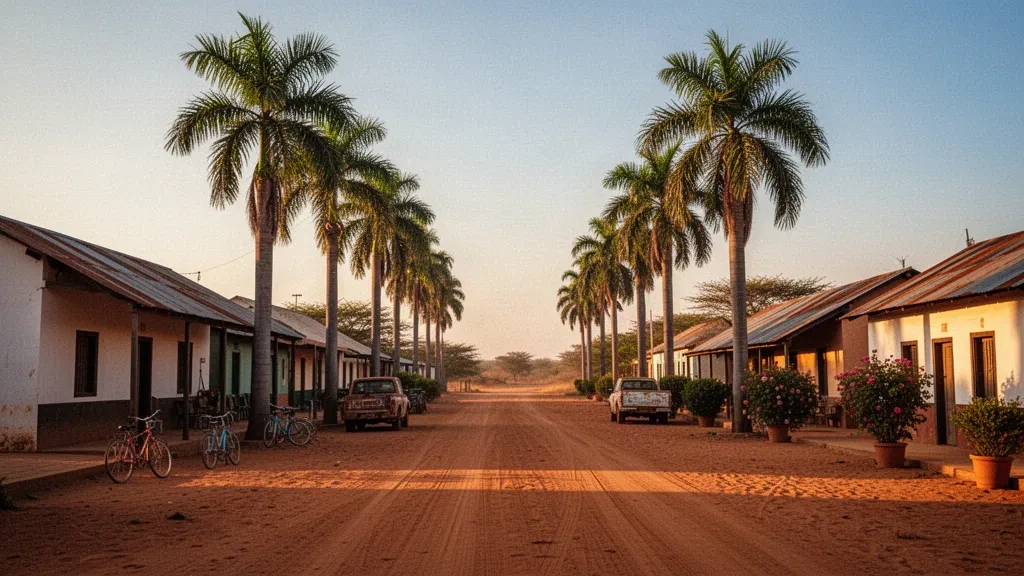 Staubige, von Palmen gesäumte Straße in Filadelfia, Boquerón, Paraguay, mit niedrigen Gebäuden und goldenem Chaco-Abendlicht