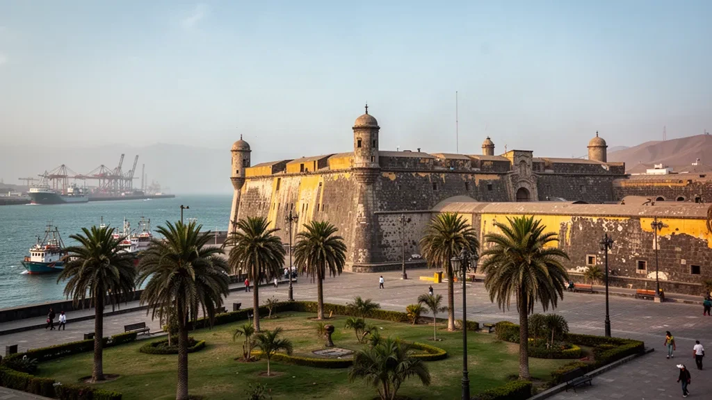 Bastioni in pietra e piazza della Fortezza Real Felipe nella storica città portuale di Callao, Perù, sotto la calda luce pomeridiana della costa