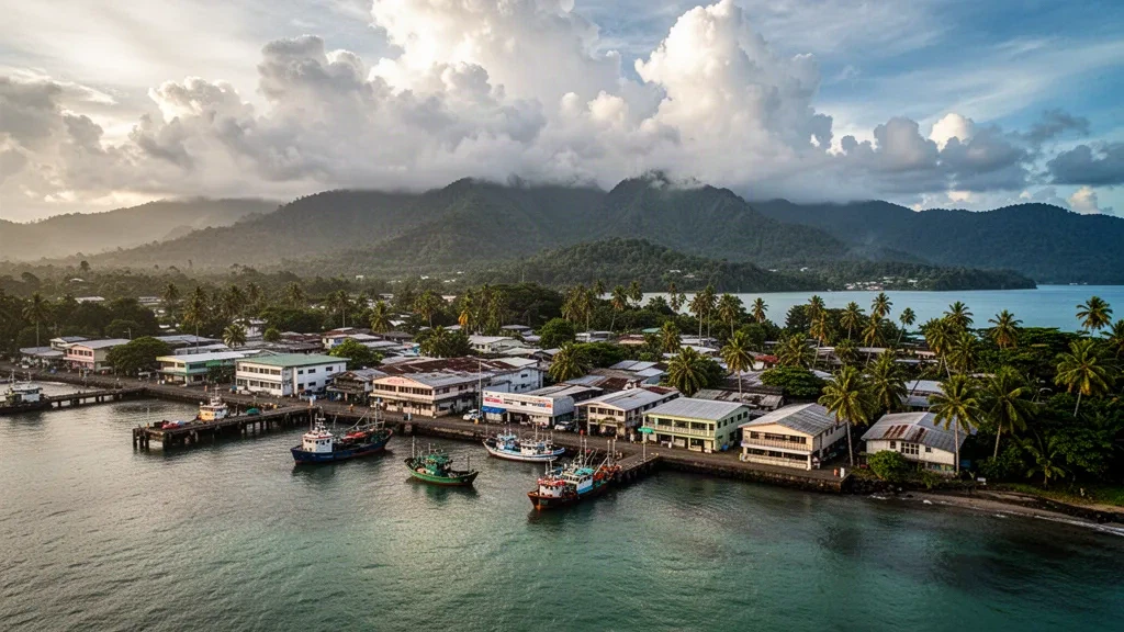 Vista costera de la ciudad de Lae y el puerto del golfo de Huon en la provincia de Morobe, Papúa Nueva Guinea, con colinas boscosas a la hora dorada