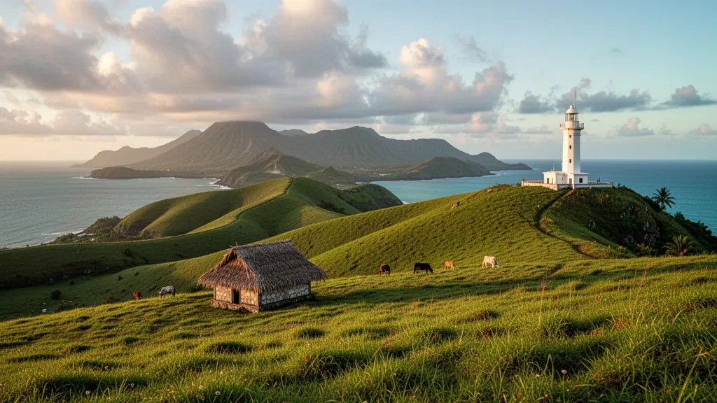 Colline verdi ondulate di Racuh A Payaman con il Faro di Basco sulle Naidi Hills a Batanes, Filippine, nell'ora d'oro