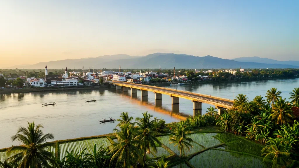 Veduta durante l'ora d'oro del ponte sul fiume Cagayan con lo skyline di Tuguegarao City e le montagne della Sierra Madre nelle Filippine