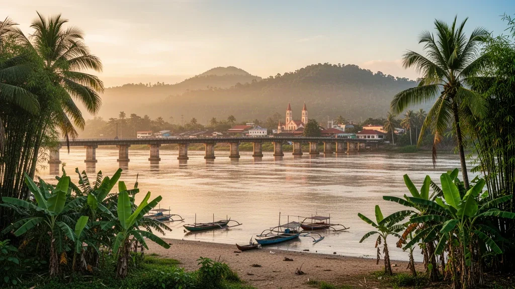 Filipinler, Cagayan, Tuguegarao City'de Cagayan Nehri'ni geçen Buntun Köprüsü, altın gün doğumunda yemyeşil nehir kıyılarıyla