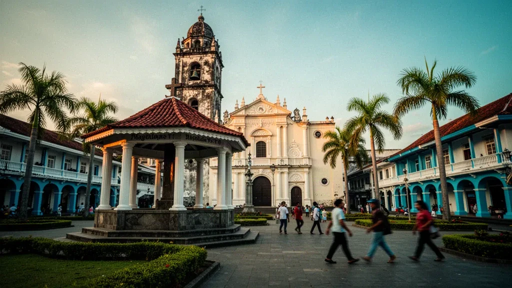 Magellan's Cross pavilion and the Basilica del Santo Niño bell tower in Cebu City, Philippines, lit by warm late-afternoon sunlight