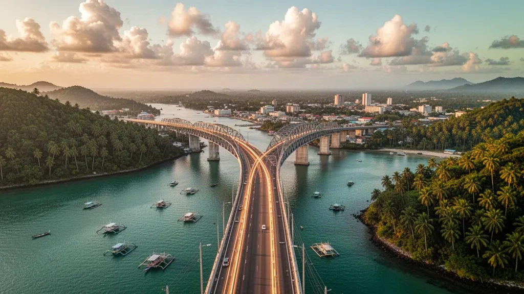 Die San Juanico Bridge, die zur goldenen Stunde die Meerenge überspannt, mit der tropischen Küste der Eastern Visayas und dem Ufer von Tacloban in der Ferne