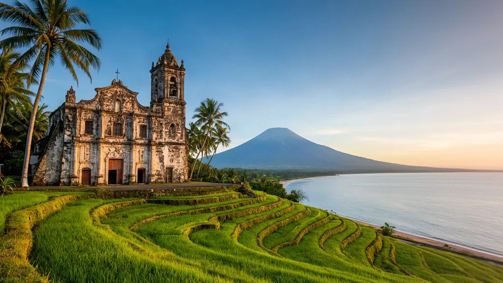 Vue à l'heure dorée de l'église d'Anini-y, des rizières en terrasses et du mont Madja-as au-dessus de la côte de la mer de Sulu à Antique, aux Philippines