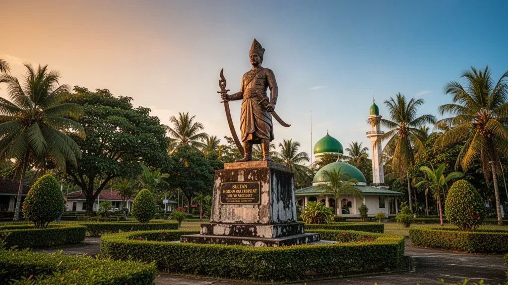 Bronzestatue von Sultan Kudarat auf einem öffentlichen Platz in Maguindanao del Norte, Philippinen, umgeben von tropischem Grün unter klarem Himmel.