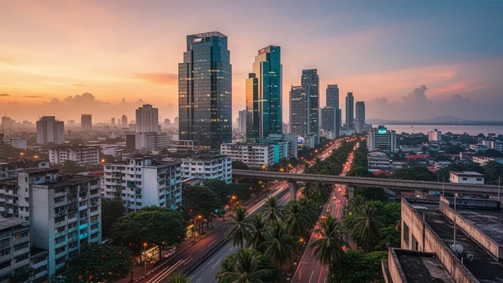 Alacakaranlıkta Metro Manila silüeti, şehir sokaklarının üzerinde parlayan Makati yüksek kuleleri, Filipinler