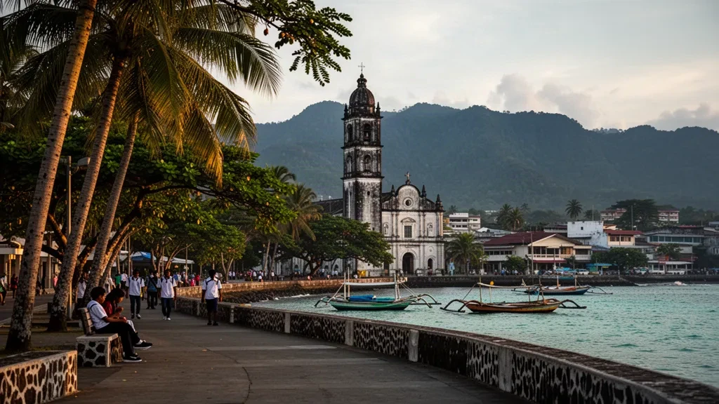 Promenade de Rizal Boulevard et clocher de la cathédrale de Dumaguete rayonnant à l'heure dorée à Negros Oriental, Philippines