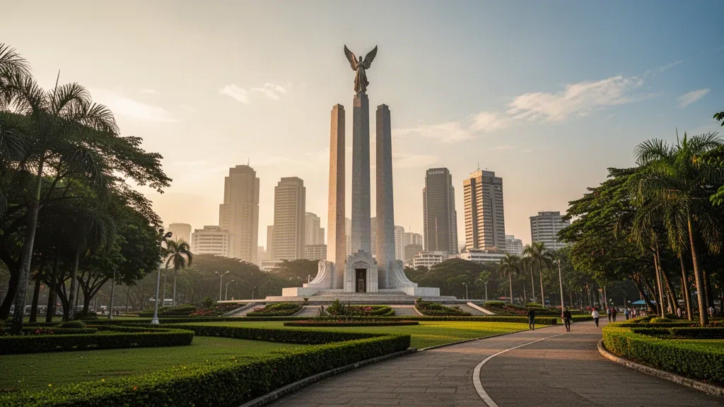 Il santuario del Quezon Memorial Circle che si erge sopra il parco paesaggistico e lo skyline di Quezon City durante l'ora d'oro nelle Filippine