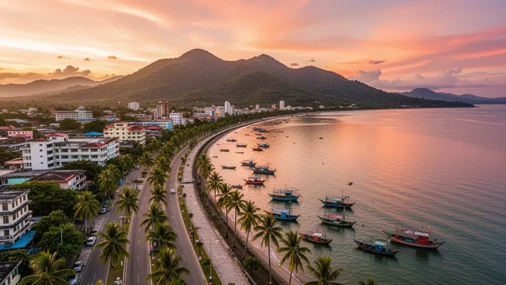 Boulevard du coucher du soleil à Dipolog City, Zamboanga del Norte, Philippines, avec des palmiers, une mer calme, des bateaux et des montagnes à l'heure dorée.