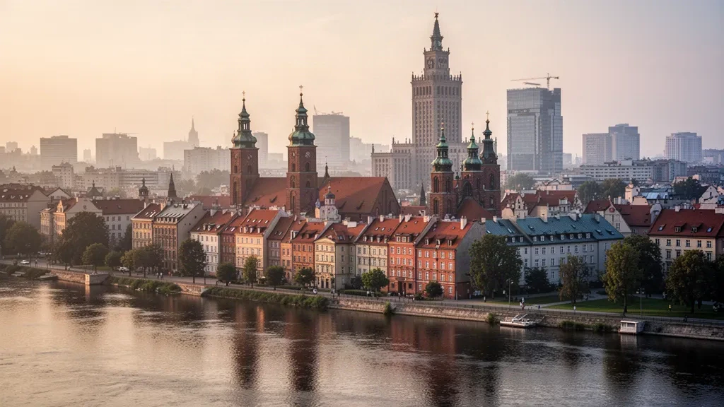 Panorama de Varsovie à l'heure dorée avec les toits de la vieille ville, la Vistule et les tours modernes en Mazovie, Pologne