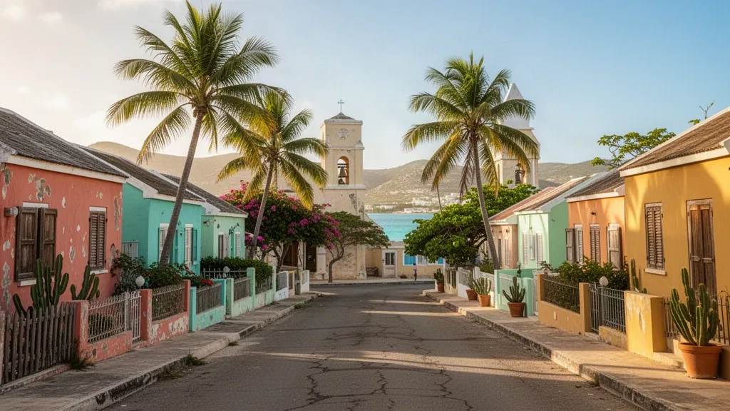 Pastel Caribbean houses, palm trees and a historic church tower on a quiet street in San Nicolas, Aruba at sunrise