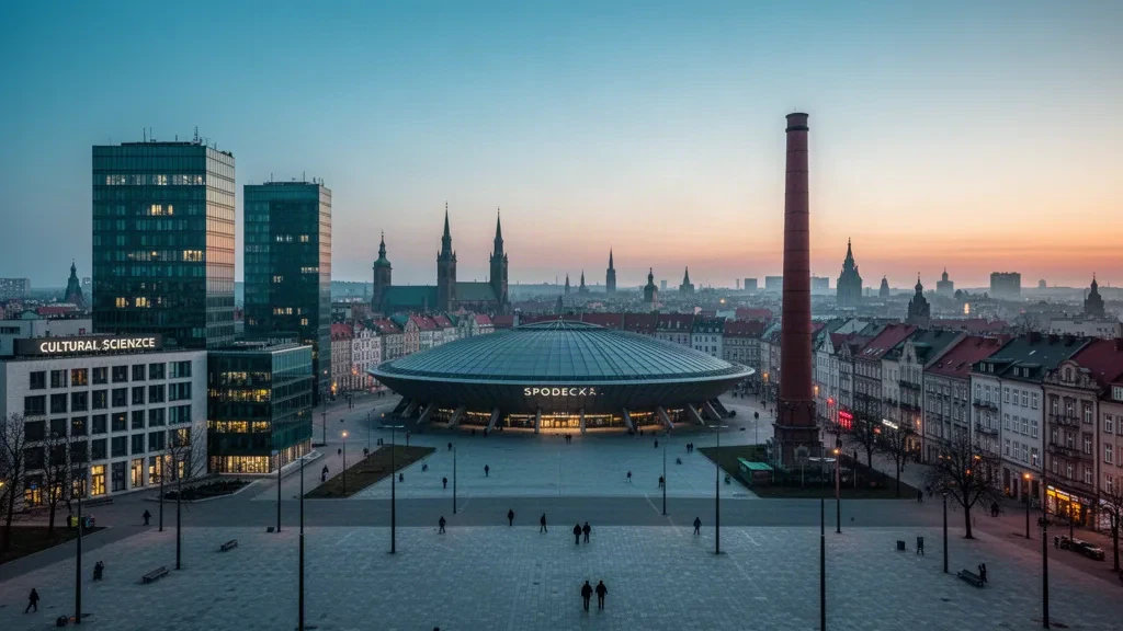 Katowice'de alacakaranlıkta Spodek arenası ve Yukarı Silezya'nın modern kulelerini gösteren şehir silüeti, Polonya